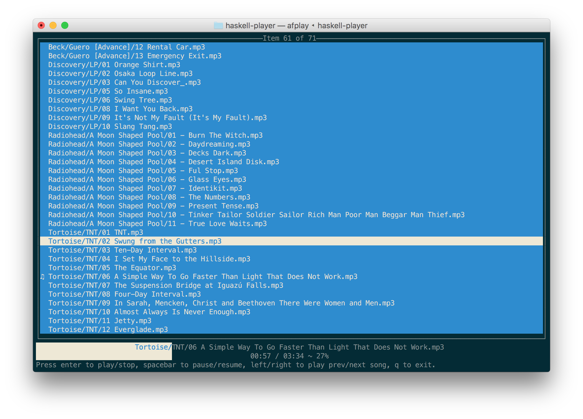 A terminal music player based on afplay written in Haskell