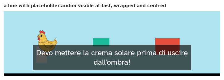 Gina's placeholder line, visible in the game at last, wrapped over two centred rows.