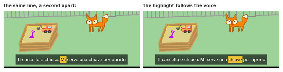 The same dialogue line photographed a second apart: the yellow highlight has moved from "Mi" to "chiave", following the voice.