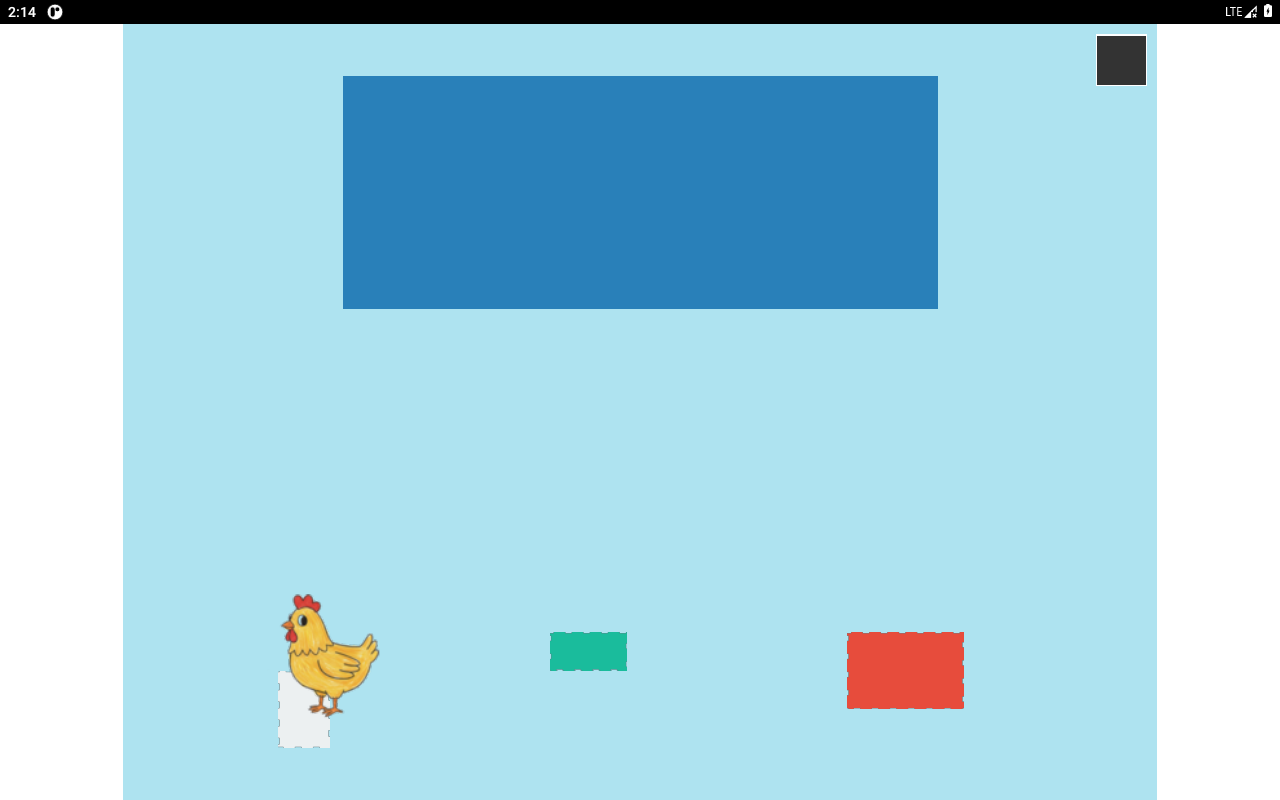 The pool scene running on Android in the emulator: Gina next to the
sunscreen bottle, the goggles and float placeholders wiggling, letterboxed
inside the phone screen.